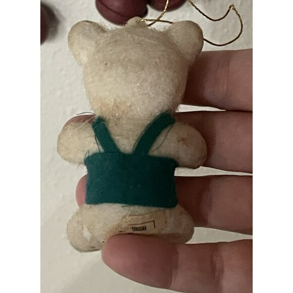 Vtg Christmas Ornament Flocked White Teddy Bear w Green Overalls Bowtie 3 Inch - Picture 5 of 6
